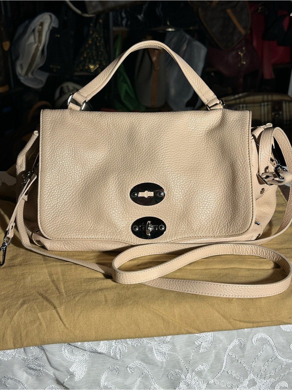 Zanellato Pebble Leather Satchel in Light Beige with Silver Hardware